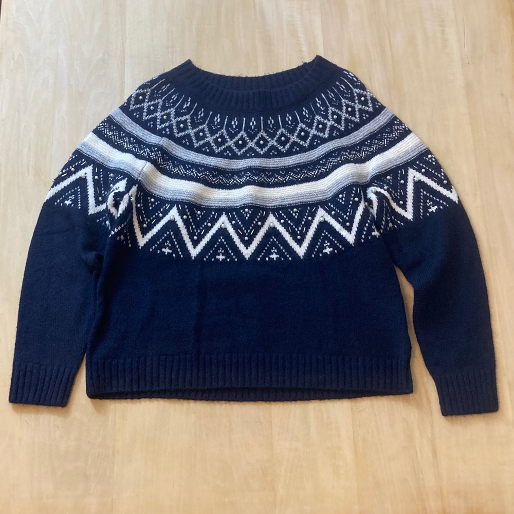 Talbots Navy, Gray, and White Embellished Beaded Fair Isle Sweater
